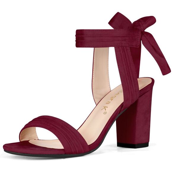 Allegra K Shoes - Women's Open Toe Ankle Tie Back Chunky Heel Burgundy Sandals